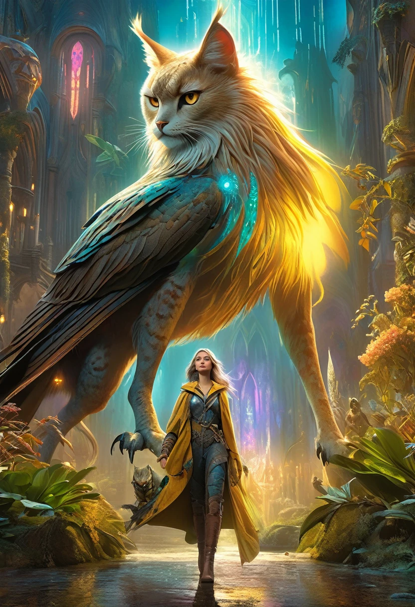 best quality,4k,8k,highres,masterpiece:1.2,ultra-detailed,realistic:1.37,HDR,UHD,studio lighting,ultra-fine painting,sharp focus,physically-based rendering,SFW,(safe for work), A nordic woman and her guardian familiar, mystical creature,otherworldly creature,enchanting companions,wearing stylish futuristic clothes,wide angle, dynamic poses, (The woman, with her eyes brightly colored, no makeup and her nordic facial features elegantly detailed, adding to her allure. Dressed in elegant casual clothes with a stylish futuristic jacket.), (She is accompanied by a guardian, a lynx and owl mixed creature with exquisite appearance features resembling a hippogriff. The creature's presence adds a sense of wonder and magic to the scene.), (The woman and her companion stand in a dark and gothic city, a modern metropolis with exotic alien plants, and vibrant signs. The colors are vibrant, with a mixture of olives, browns, and yellows creating a dreamlike atmosphere.), (The lighting is soft but illuminating, casting a gentle glow on both the woman and the creature.), (The overall composition has a realistic and photorealistic quality, capturing the essence of the scene in intricate detail.), (The art style is inspired by Yoshitaka Amano, known for his ethereal and otherworldly illustrations. The combination of realistic elements with the artist's unique style creates a captivating and visually stunning image.),Greg Rutkowski