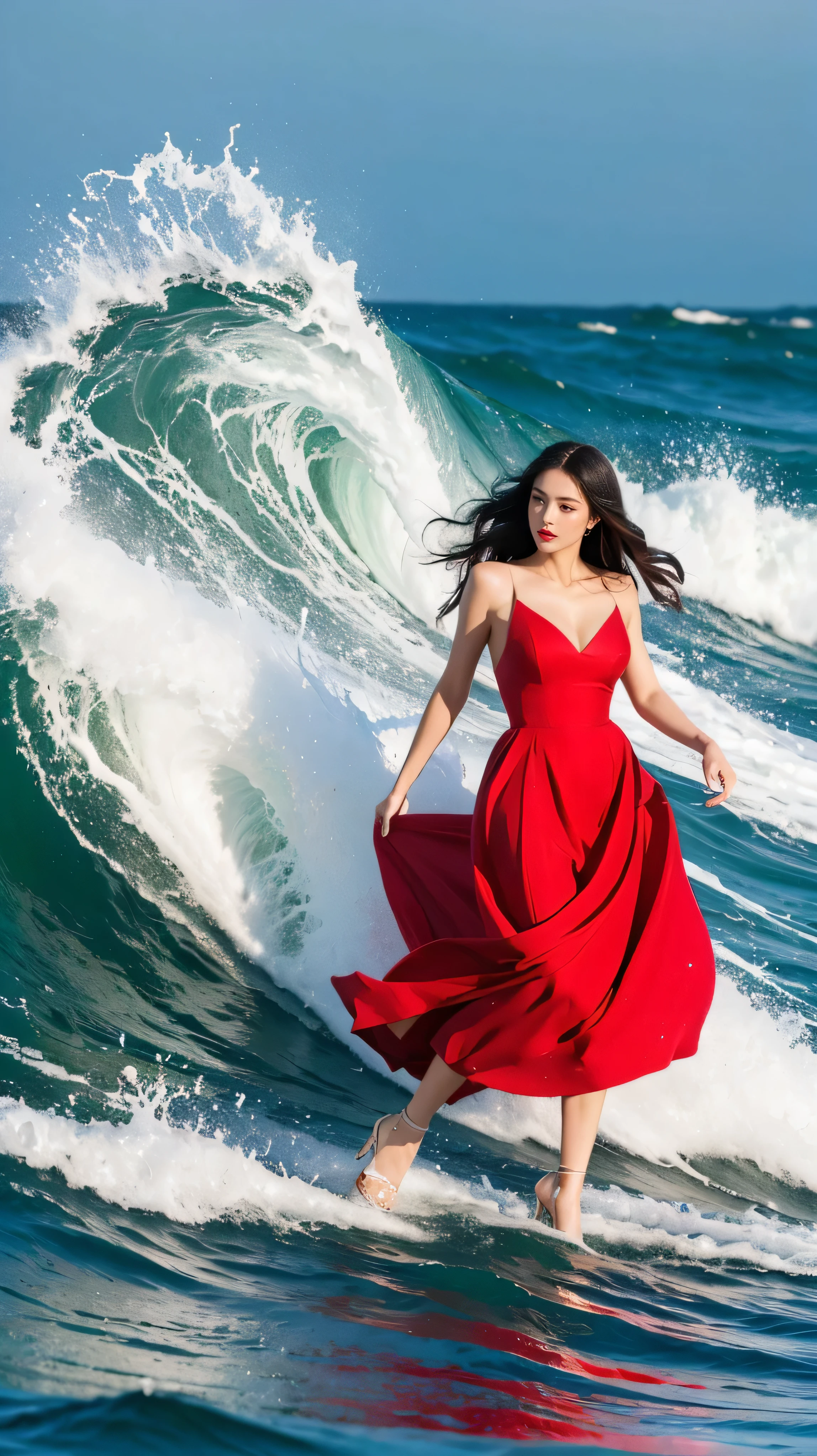 highest quality,masterpiece,Ultra-high resolution,(Actual:1.4),Original photo,Ultra-high resolution，8k，There are women，Fair skin，Exquisite makeup，Big waves of red lips，Red dress，High heels，Long legs，Bright and beautiful