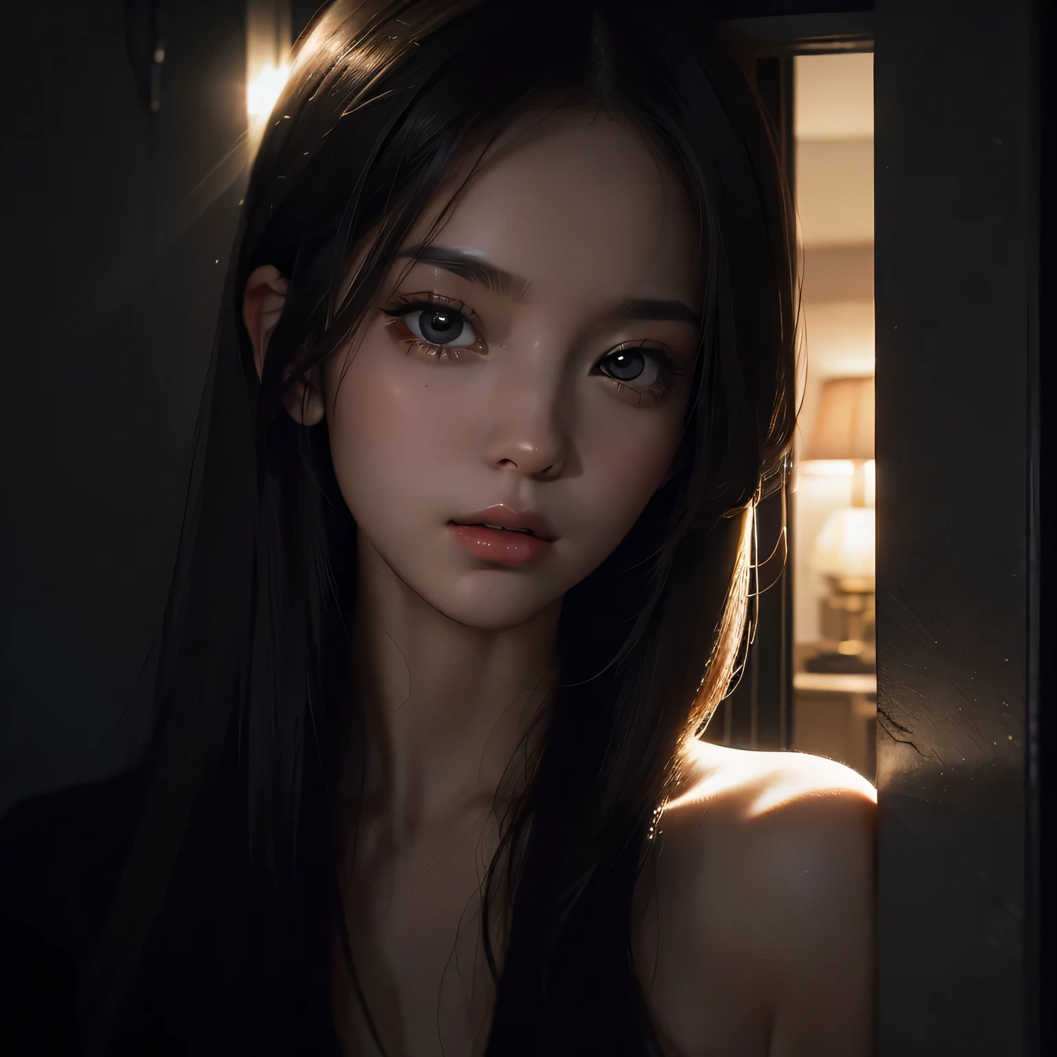 Amazing portrait of a close up shot of a seductive and alluring woman with a beautiful face who is stealthily concealed in a confined closet with the viewer evoking a sense of danger and secrecy illuminated by a tantalizing sliver of light seeping through a narrow gap.