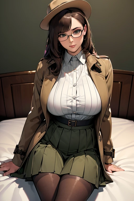 ((masterpiece)), (best quality:1.7), (detailed:1.4), (high res:1.4), 8k, (colorful:1.5), high resolution, sharped image, 4k, hd, (beautiful detailed background:1.2), (beautiful lighting:1.2), (highly detailed:1.2), perfect lighting, (8k wallpaper:1.2), (highly detailed:1.2), (extremely detailed CG:1.2), ((dark brown medium long straight hair with bangs covering an eye)), (hair bangs covering one eye), ((only dark brown hair)), ((DD bust)), ((busty)), curvy figure, (((hazel-green eyes))), (((detective outfit with brown tan trench coat and loose button blouse and a long length hazel-green pleated skirt and long stockings))), glasses, hat, serious expression, mature, ((30 year old)), human adult, tall, fullbody