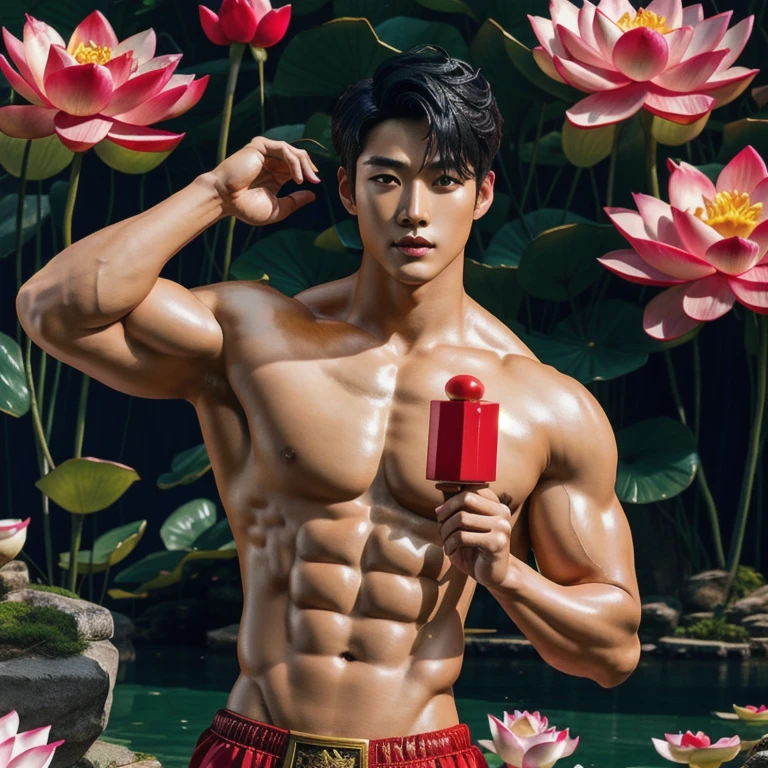  statue of handsome chinese male made of jade , full naked , muscular, handsome manly face ( look like kpop idol, chinese actor), detailed hands,  floating red ruby lotus , full body, musium background, masterpieces, super detail, epic composition, ultra HD, high quality, extremely detailed, official art, unified 8k wallpaper, Super detail, 