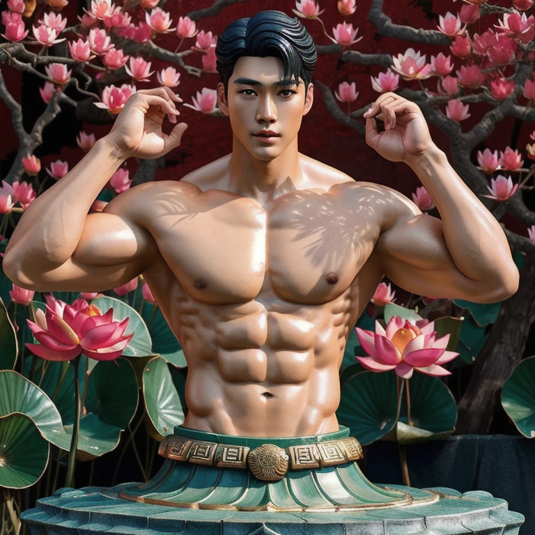  statue of handsome chinese male made of jade , full naked , muscular, handsome manly face ( look like kpop idol, chinese actor), detailed hands,  floating red ruby lotus , full body, musium background, masterpieces, super detail, epic composition, ultra HD, high quality, extremely detailed, official art, unified 8k wallpaper, Super detail, 