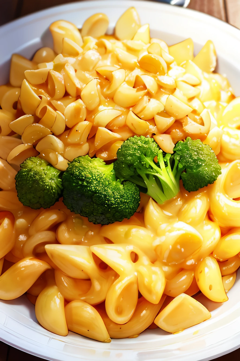 Creamy and scrumptious Mac & cheese masterpiece, starring whole wheat rotini pasta coated in a luscious cheese sauce. Steamed broccoli florets and finely sliced green onions add a delightful touch of freshness and flavor to this simple yet satisfying illustration. The vibrant green of the broccoli and the golden hue of the cheese sauce promise a culinary experience that is sure to please the senses. Enjoy the savory and nostalgic charm of this dish in its purest form.
