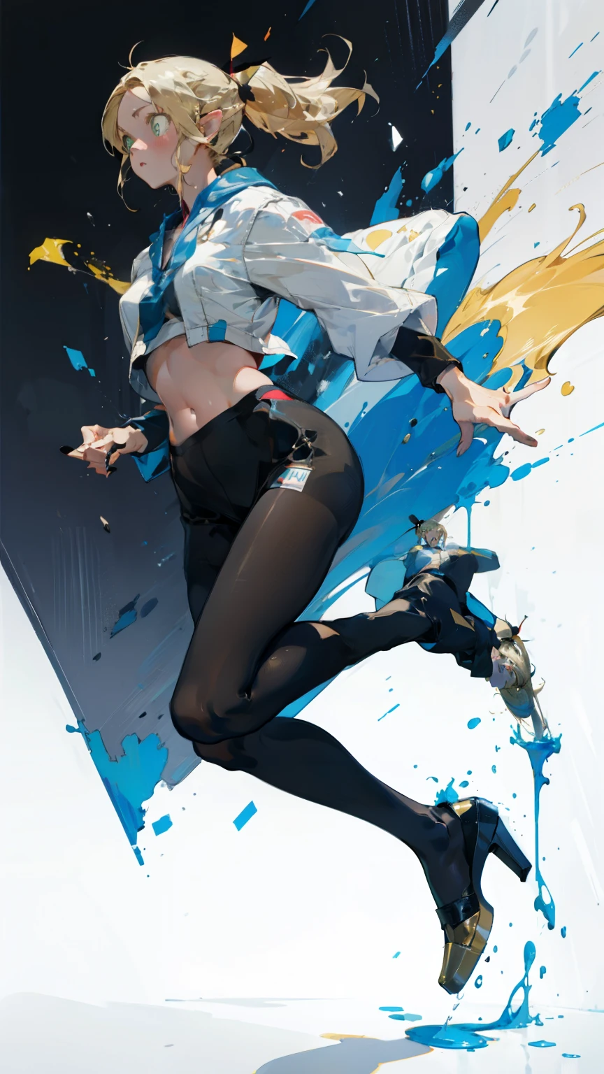 Pantyhose， Pop colors，（whole body，Blonde）long Blonde hair，Single ponytail，High Ponytail， Bust and waist,White top，High heel，whole body，racing服，Leaky belly，racing