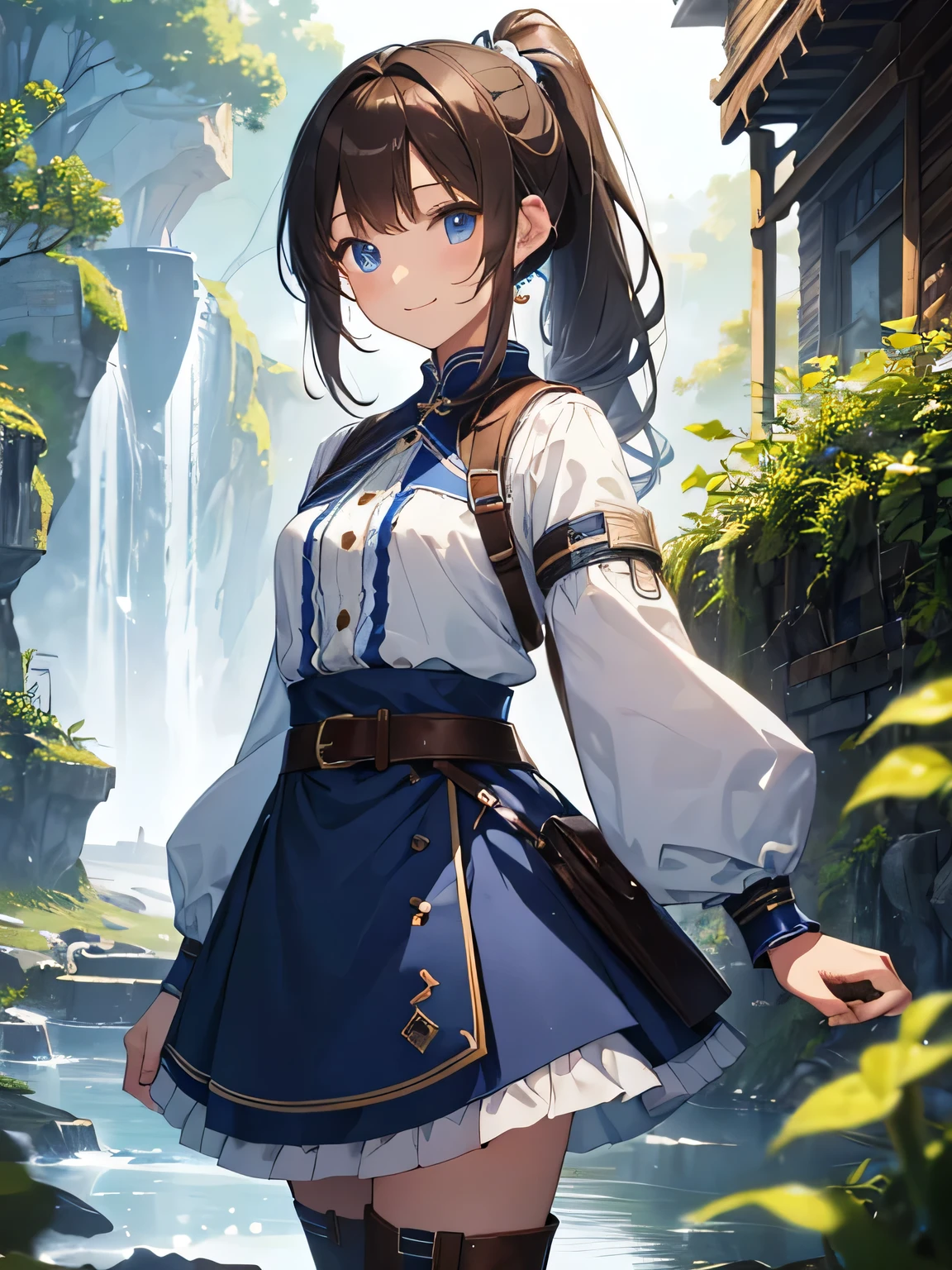 highest quality、Very delicate and beautiful、Girl、、(Dark brown hair)、Blue clothing with vertical buttons、Belt on waist、White Skirt、(ponytail))、(White hair band)、(Brown boots)、blue eyes、Are standing、smile、