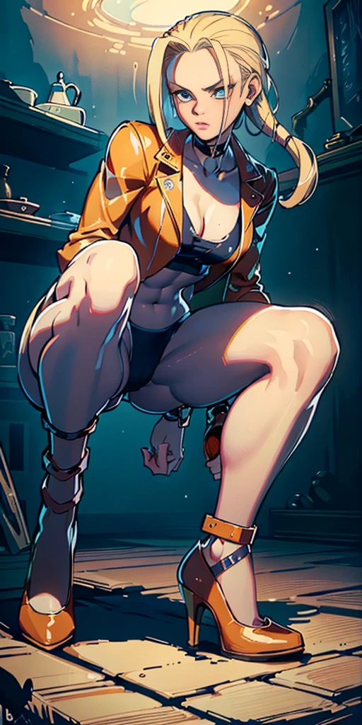 Cammy White, Perfect eyes, Perfect Iris, Retro, Acrylic art by Artgerm and Gediminas Pranckevicius, intricate, highly detailed, hi quality, dynamic lighting, hyperdetailed and realistic., 8k, UHD, HDR, (Masterpiece:1. 5), (best quality:1. 5) Model: jim EIDOMODE, full body squatting on pink bed wearing a yellow bikini and high heels