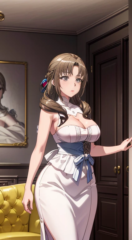 (masterpiece), (best quality), (Super detailed), image_type: portrait | 性感巨乳Cleavage:(Mature female , Large Breasts,Sagging breasts、Cleavage, cleveage、Thick thighs, Wide hips, Curvy beauty, Perfect body,) Fashion | emotion: elegant | Scenes: A young girl in a yellow and white maid outfit stands elegantly in an elegantly decorated interior room | Beautiful light, peaceful mood,look to the side