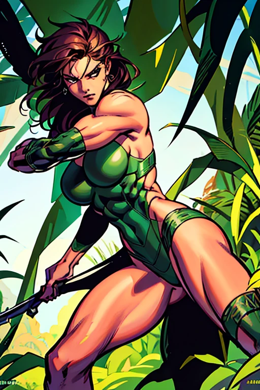 A superhero woman with brown hair, born in the jungle, is the main focus of the artwork. She possesses a fierce and determined look in her eyes, conveying her strength and determination. Her face features beautifully detailed eyes and lips, enhancing her overall appearance. The artwork emphasizes the woman's long eyelashes, adding a touch of elegance and sophistication to her facial expression.
The superhero woman stands tall and confident, exuding a powerful aura. Her sleek and muscular body is adorned with a suit made of dark green plant leaves, giving her a connection to nature. The leaves are intricately arranged to cover her body, with her belly being intentionally exposed, highlighting her strength and femininity.
She holds a metal spear in her hand, showcasing her skills and weapon proficiency. The spear represents her agility and precision in combat, and it glimmers in the sunlight, hinting at her unwavering determination to protect the jungle and its inhabitants.
In the background, lush green trees and vibrant tropical foliage create a dense jungle atmosphere. The rich colors and textures of the jungle plants complement the superhero woman's dark green suit, tying the elements of the artwork together harmoniously.
The artwork aims for the best quality with ultra-detailed features and a photorealistic style. The lighting enhances the overall composition, casting gentle rays of sunlight through the dense canopy, creating a captivating play of light and shadows.
Overall, this artwork portrays a strong and fearless superhero woman who is deeply connected to her natural surroundings. She is a symbol of power, resilience, and protection, ready to defend the jungle and its inhabitants from any threats that may arise.
