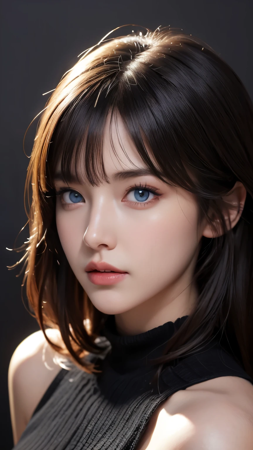 masterpiece, best quality, ultra-detailed, facing the camera head on, intricately detailed hyperdetailed, realistic, sharp features, highly detailed, sharp focus, perfect face, perfect face, perfect symmetrically perfect eyes, perfect full lips, flexible female form, cinematic, film light, hyper detailed, hyper realistic, masterpiece, atmospheric, high resolution, vibrant, dynamic studio lighting, nsfw, ((Dark background)), Sexy face, Facial expressions when receiving pleasure, straight Bangs, Big breasts, Exposed cleavage, blue Eyes,black sweater, cowboy shot,
