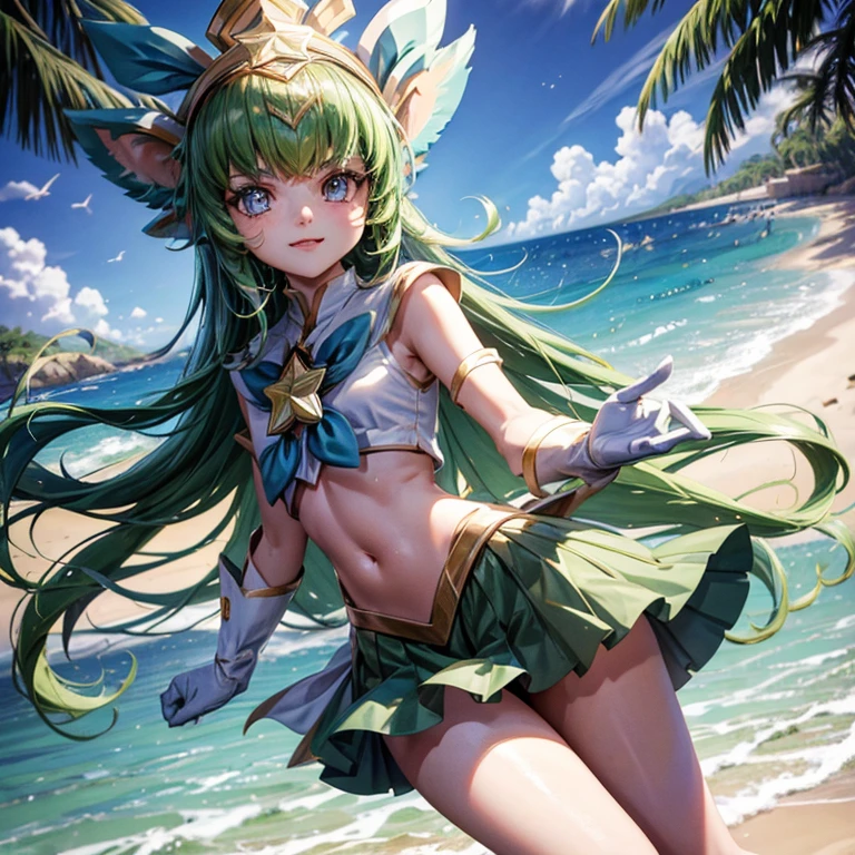 Melhor qualidade, super detalhe, obra de arte, Ultra HD, 8k, 1 garota, concentre-se na garota, Bikini, Star Guardian Lulu, League of Legends, look sexy, super sensual, roupa curta, na praia, exibindo as coxas, emphasis on the thighs.