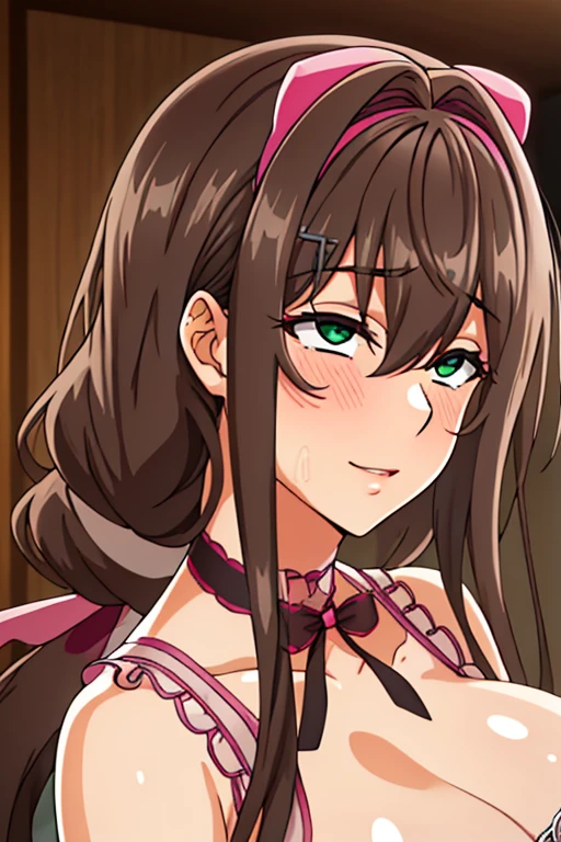 indoors, bedroom, 坐在沙发superior, Bare shoulders, pink ribbon,Pink underwear,cleveage,clavicle,Pink is good,decorate,transparent, Bangs, Brown hair, Green Eyes, Weaving,Long hair, Low Ponytail, A bow tie,Hair accessories, Hairpin, 1 girl, 20 years,Young women,fair Finger,fair long legs,fair Body,fair Nose,fair character design, Perfect eyes, perfect Face,expressive eyes, Looking at the audience, In the center of the image,(superior_Body),(Focus on her Face), official art,Extremely detailed CG Unity 8K wallpaper, Perfect lighting,rich and colorful, bright_front_Face_light,Glowing skin, (masterpiece:1.0),(the best_quality:1.0), Ultra-high resolution,4K,Super detailed, photography, 8k, HDR, high resolution, absurd:1.2, Kodak Portrait 400, Film Grain, Blurred background, Bokeh:1.2, lens flare, (Energetic_color:1.2) (fair,breast), (fair_Face:1.5),(narrow_waist),