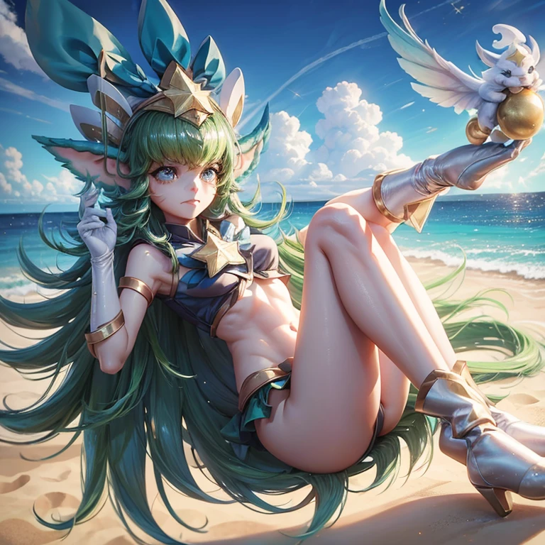 Melhor qualidade, super detalhe, obra de arte, Ultra HD, 8k, 1 garota, concentre-se na garota, Bikini, Star Guardian Lulu, League of Legends, look sexy, super sensual, roupa curta, na praia, exibindo as coxas, emphasis on the thighs.