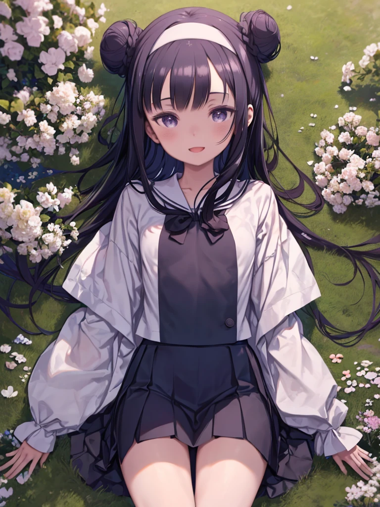 Body eight times longer than head, (Highly detailed CG Unity 8K), (highest quality)，(Very detailed)，(Ultra-high resolution), Black Hair, High school girl wearing a navy sailor suit, Anime 2D Rendering, Realistic young anime school girl, ((White headband)), Purple eyes, Small breasts, expensive, Slanted Eyes, (School Scene), Black Stockings, Bright colors, Open your mouth, Dark Blue Skirt, Straight Long Hair, Buns pats, Top-down position, Lying face down, Looking at the flowers blooming on the ground, smile,