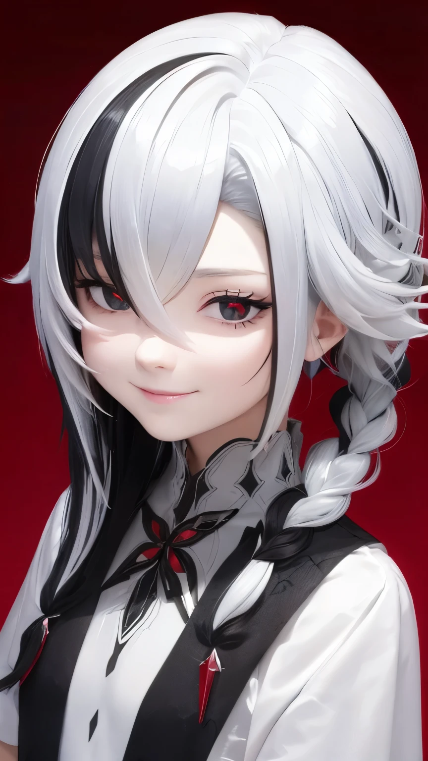 （（（masterpiece）），（（（best quality）） ),((Ultra Detailed)),(Light),(Dynamic Angle),little girl，Around 10 years old，Mid-chest，White hair，Black Hair，Colorful Hair，short hair，Straight Hair，Long braids，发Light的红眼睛，Red X pupil，so cute，The smile is good-looking，