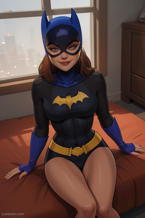 batgirlv1, 1girl, cowboy shot, volumetric lighting, looking at viewer, knee sitting, smile , hands on her thighs, up camera view
