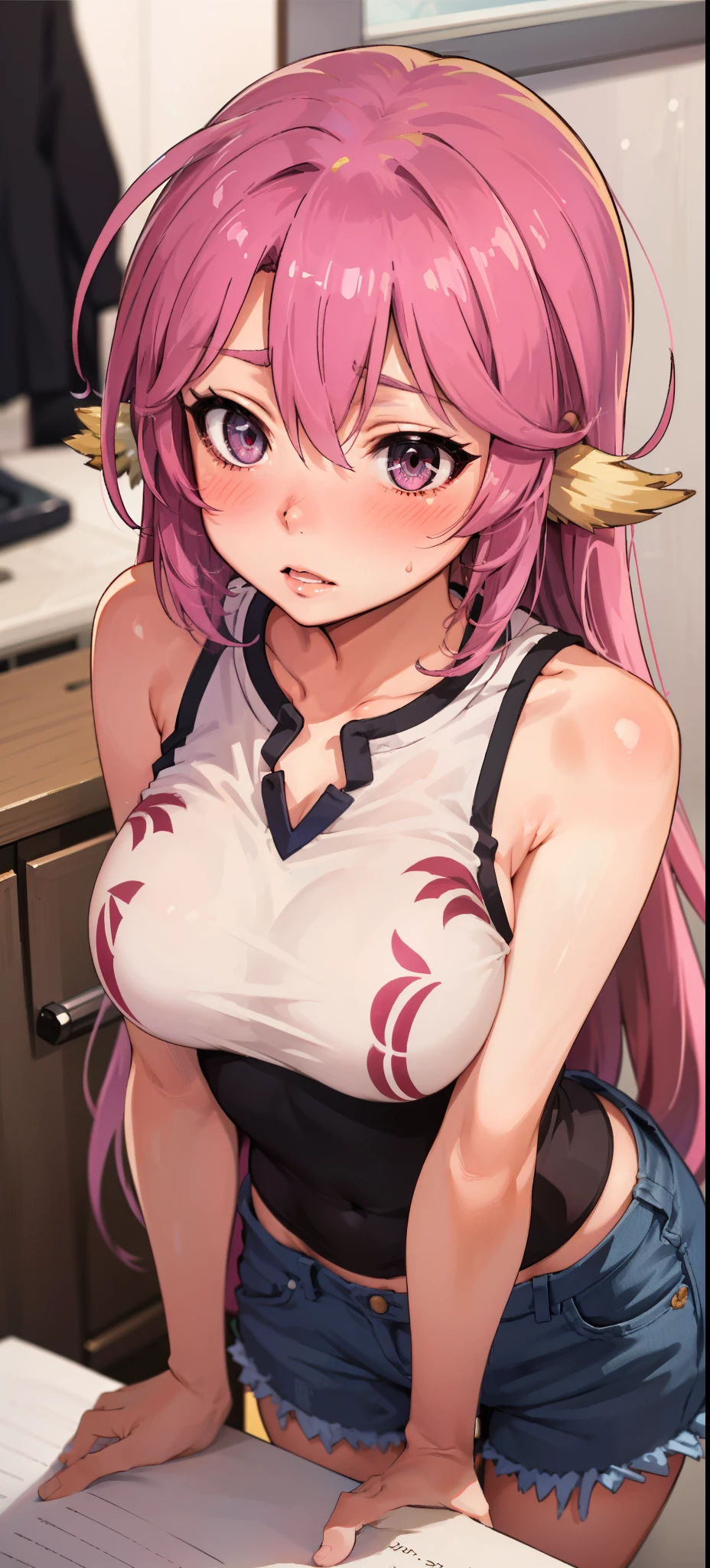 Jibril, (standing straight), blushed, perfect anatomy, detailed eyes, detailed lips, extremely detailed eyes and face, vivid colors, sharp focus, masterpiece:1.2, ultra-detailed, blushed, ((doggystyle)), (solo), sleeveless, fashion.