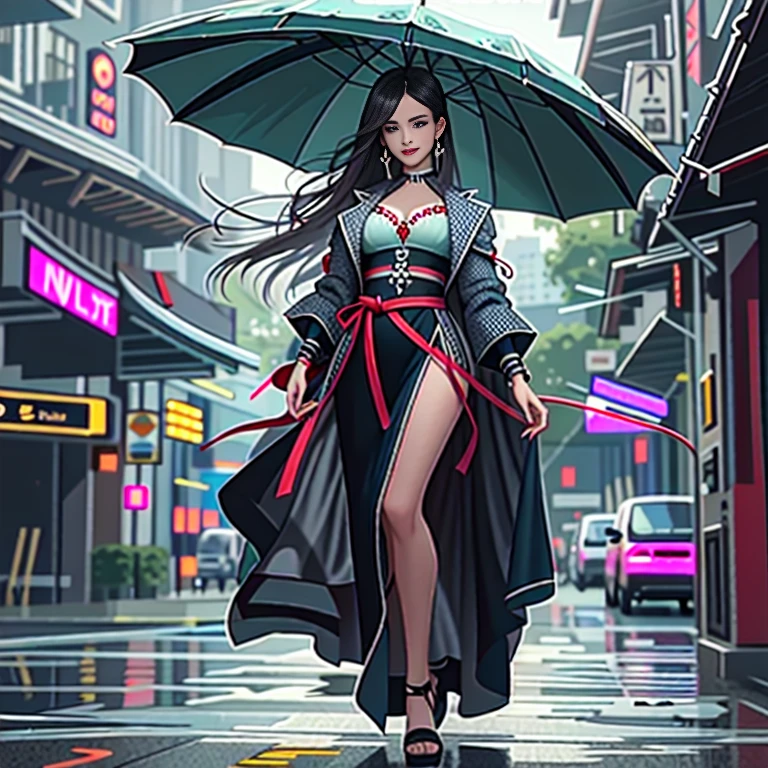 (highest quality、4k、8k、High resolution、masterpiece:1.2)、(Correct anatomy of the fingers)、Super detailed、(Real、Photorealistic、Photorealistic:1.37)、HDR、UHD、Professional Lighting、Bright colors、Sharp focus、SF、Fantasy、一人のlikeく非常に美しい女性、Transcendent beauty、Ideal body proportions、natural breasts、(Big Breasts)、Legendary magician、like々Beautiful appearance、smile、Elegant and confident、Wear a stylish magician's dress that combines innovation and tradition、Dynamic Pose、A downtown area with tall, modern skyscrapers、(Heavy rain is pouring down from the dark clouds:1.5)、(motion blur effect)、Strong winds、lightning、Wet body、Wet Hair、Wet clothes stick to the body、Dynamic angle from below、Look straight into the camera lens、