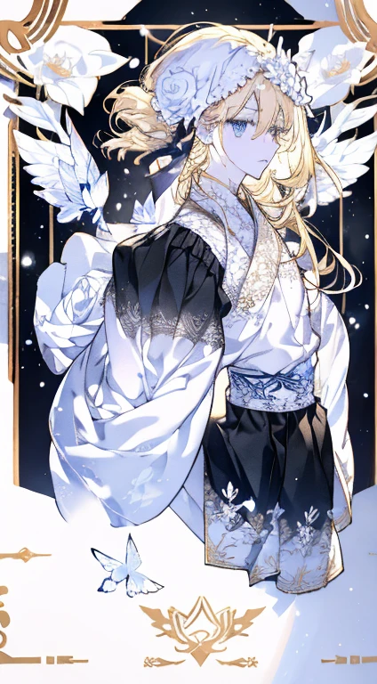 make ((Blonde))(high quality)4k 8k ((Snow White Wings))((There is a pair of snow-white wings behind))Man with wings on his head ((White Rose)) Long blond hair ((Ancient style man))Ancient style man(((Long blond hair)))(((White Rose)))White Rose((Big wings))Big wings