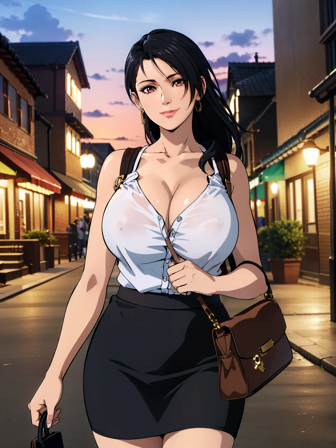 white shirt, black skirt, women side bag, side city street background, momiji, anime cels style, best quality, high resolution, 1girl, (huge breasts:1.2), mature woman, 27 yo, beautiful face, black hair, long hair, brown eyes, cowboy shot, light smile, lipstick