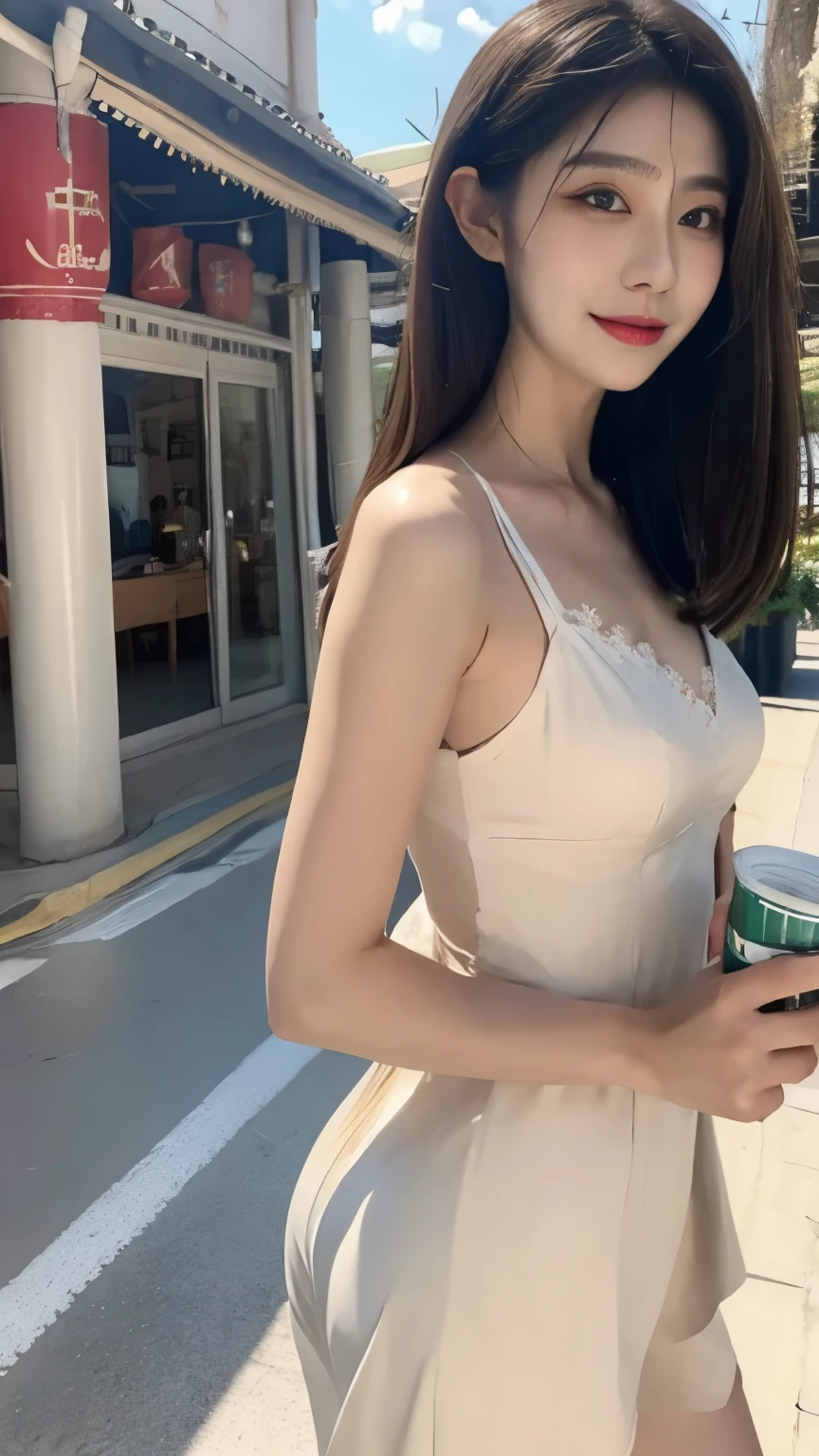 In the commercial street of Thailand，Drinking coffee at Starbucks, (elegant, Pretty Face), Transparent lace short coat, Shoulder-length hair, ((Delicate skin, Texture)), Ultra Detailed, (Complex details, Fine details, Ultra Detailed), (Realistic photo quality:1.4)，full-body shot