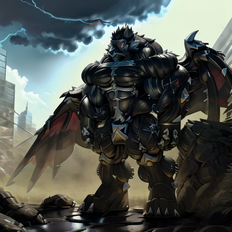 (gigantic muscles), 8K, Masterpiece, highres, future fiction. Detailed head, Detailed Body, full body, Detailed abs, wearing crNanosuit, big muscle (pecs, triceps, traps) unusually developed muscular body, body full of huge muscles. showing off muscles, pectorales enormes. Exaggeratedly huge muscles. Gigachad Muscular, gigantic muscles, Colossal giant NANOSUIT over a battlefield,
The claws are sharp,
Sharp teeth,
Spread wings, have big wings.
nj5furry, Animal paws, thunderstorm, rainy weather, lightning,