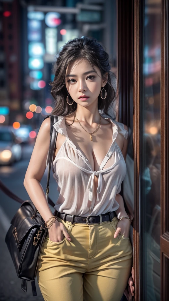 (RAW shooting:1.3, Realistic, 16k, highest quality, masterpiece, Ultra-high resolution), Highly detailed skin and facial textures:1.2, Perfect dynamic composition:1.2, (Modern street corner at night, Expressions of sadness:0.7), Young office lady:1.0, Fair skin, Perfect Style:1.0, beautifully、beautiful, Very beautiful face:1.0, Sexy beauty, (Linen pants:1.0, Sleeveless blouse:1.0), Woven Belt, (Shapely breasts, Chest gap), (Big eyes that exude beautiful eroticism, Lips that exude beautiful eroticism), (Too erotic, charm), Full body portrait, Shoulder bag, necklace, Earrings, bracelet, clock, ribbon