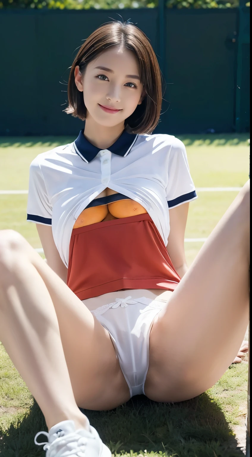 ((White pearl string panties))、 (8K、top-quality、masterpiece:1.2)、(reallistic、Photorealsitic:1.2)、 Phenomenally cute girl、19、tennis wear,polo shirt , squatting,(((Panties that dug into the crotch)))、(((Spread legs wide)))、solo、watching at viewers、(Sit up:1.5)、tiny chest、Fine and beautiful eyes、)、(Dark blonde hair:1)、(short-hair:1.1)、Spread your legs apart, white skirt, A dark-haired, blurry backround,life-like, length hair, s lips, Brown-eyed, head rest, looking to side, plein air, masterpiece, top-quality, ultra-detailliert、(((Spread legs wide)))、Inviting eyes, smiling, nsfw, (nipples peek, 1.1), ((I can see nipples)), ((shirt lift)), ((revealing shirt)), in tennis court
