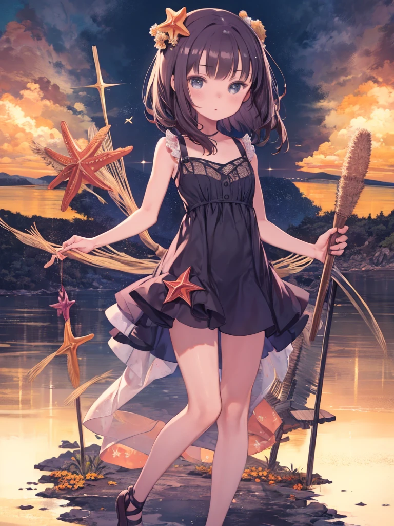 (masterpiece:1.2), (highest quality:1.3), shallow_sunset, One girl, Are standing, cowboy_shot, straw_Have, Swimwear, dress, Shorts, flower, Starfish, 