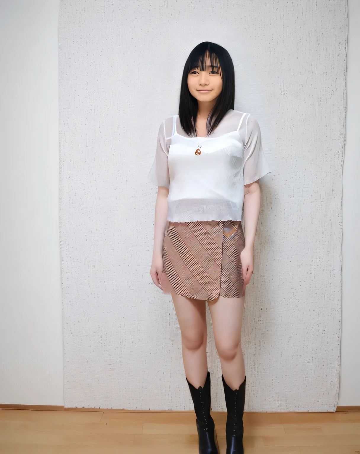 highest quality,Super detailed,woman１people,18-year-old,Beautiful woman1people standing in a room with white walls,Short-sleeved tops,Mini length wrap skirt,Black boots,Posing for a photo