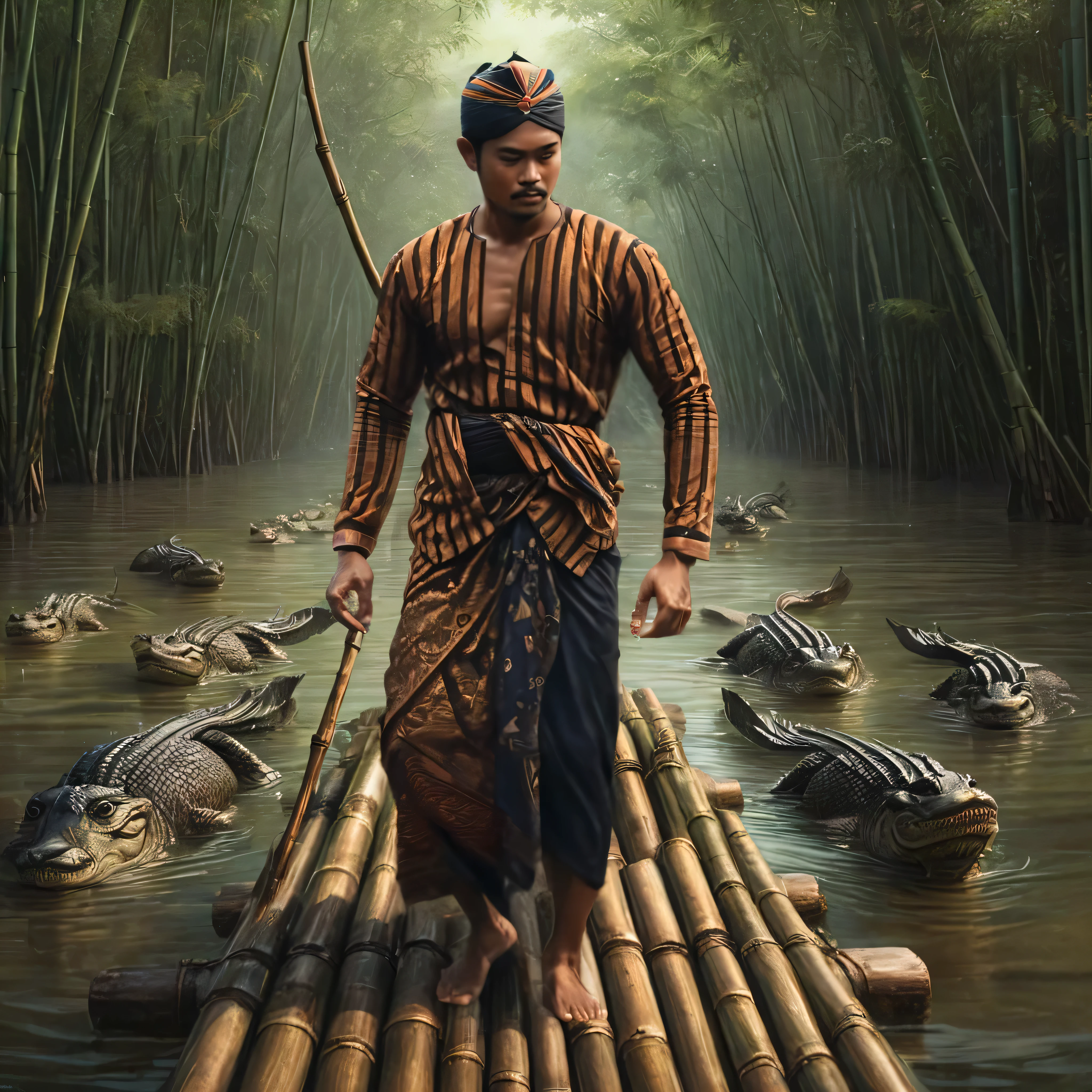 there is a man walking on a bamboo raft in the water, inspired by Rudy Siswanto, javanese mythology, inspired by I Ketut Soki, sumatraism, by Rudy Siswanto, by Kerembeyit, style of ade santora, inspired by Kerembeyit, by Basuki Abdullah, mobile wallpaper, portrait shot