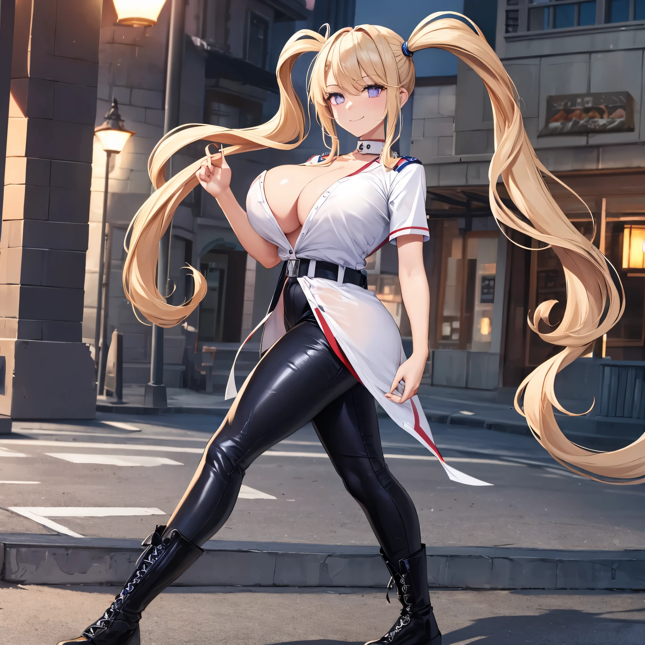 A woman with long beige hair, pigtails, lilac eyes, wearing a white shirt with a star design on the shirt, wearing tight leather pants customized with the flag of the United States, wearing military boots, smiling, big breasts, full body, walking on a park walkway at the end of sunset, a place lit with sophisticated lamps,Surrealism, drop shadow, atmospheric perspective, bloom, 8k, super detail, ccurate, best quality, UHD, anatomically correct, textured skin, high quality, highres, best quality ( solo woman)
