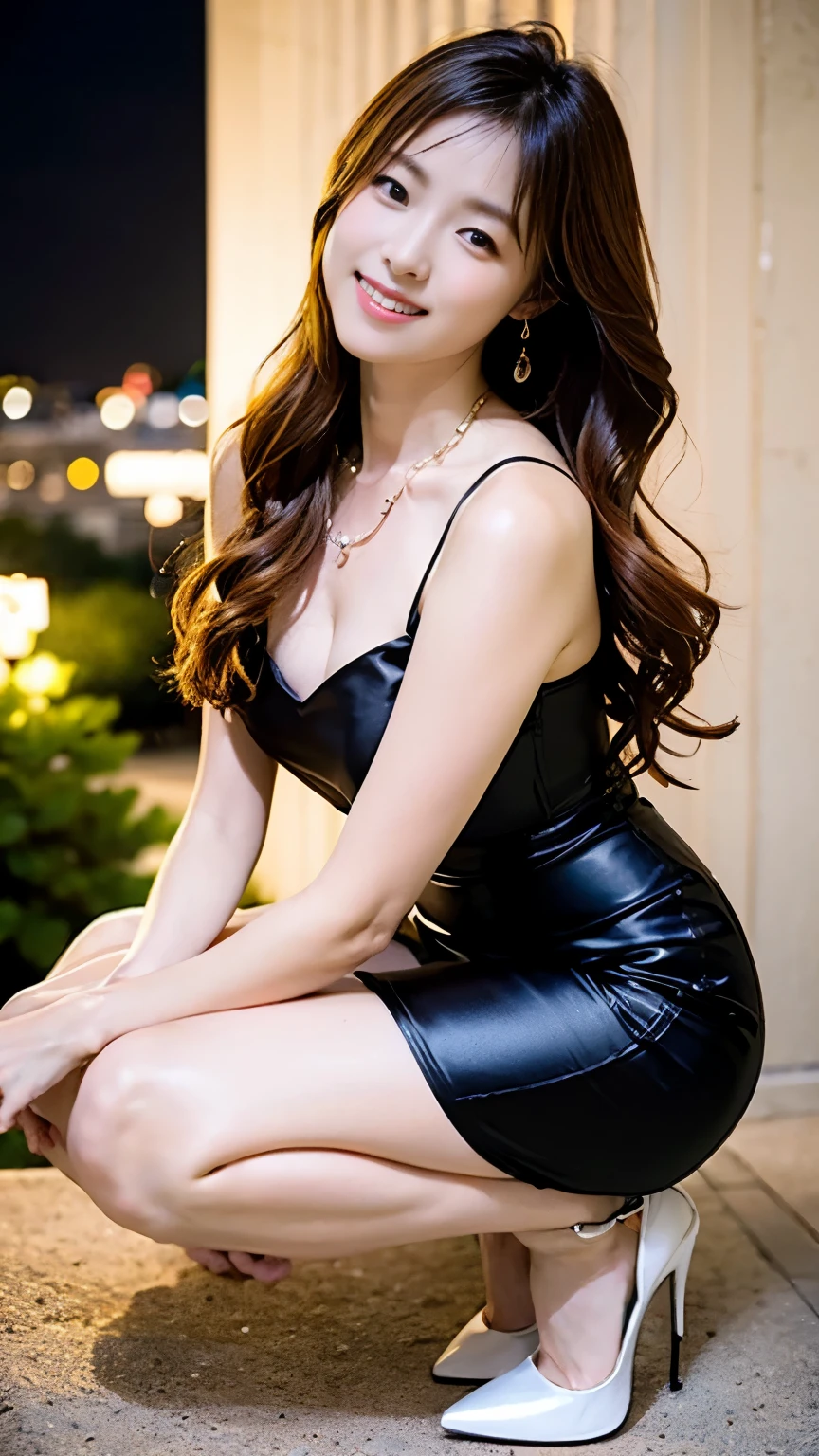 perfect anatomy,first person,Photo session at the royal suite of a famous hotel with a beautiful moonlit night,A 20-year-old idol who looks great in necklaces and earrings,It goes well with a black satin dress with vertical slits and stiletto heels..The underwear that can be seen by raising one knee is dazzling,(((Tuck your chin, tilt your head and smile))),Full body photo taken while sitting on a chair on the balcony at night with the lights turned down and the night view from the side in the background,best image quality,professional angle of view,excellent details,ultra high resolution,realistic:1.4),high detail,focus on details,High concentration of 1girls,beautiful chestnut hair,Beautiful face with a delicate and high nose,Long limbs and slim waist like a model,beautiful ankles and white high heels,white skin is dazzling,