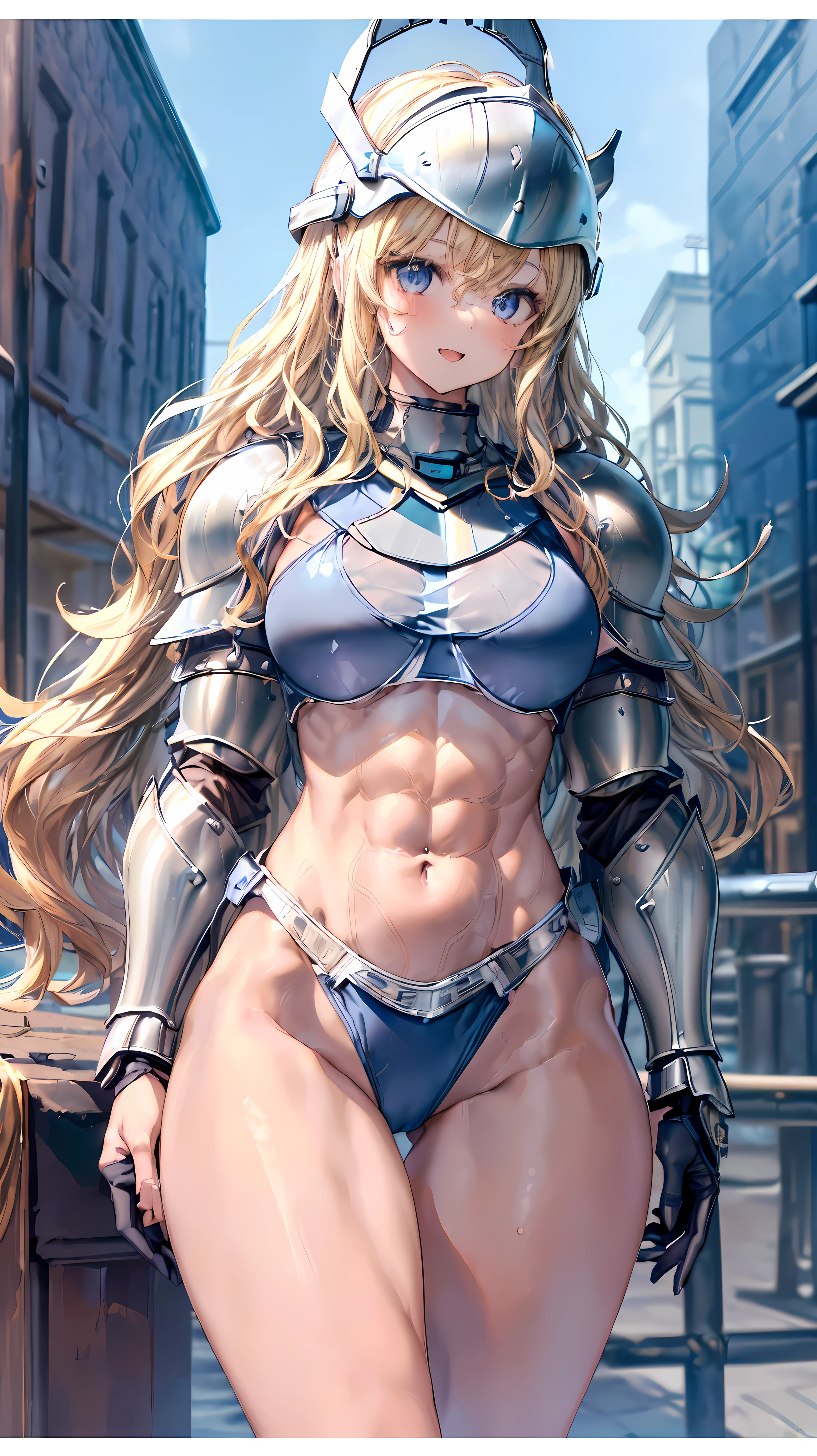 (Adult women:1.5)、Very detailed、highest quality、Best image quality、masterpiece、8k、Anime Face、A kind smile、(Open your mouth:1.3)、Sparkling blue eyes、(Blonde Wavy Hair:1.5)、、Muscles of the whole body、(High leg:1.5)、Thigh belt、(Wearing steel bikini armor:1.5)、(Cowboy Shot:1.5)、(Leg armor:1.5)、(Wearing a helmet:1.5)、SFW Giant