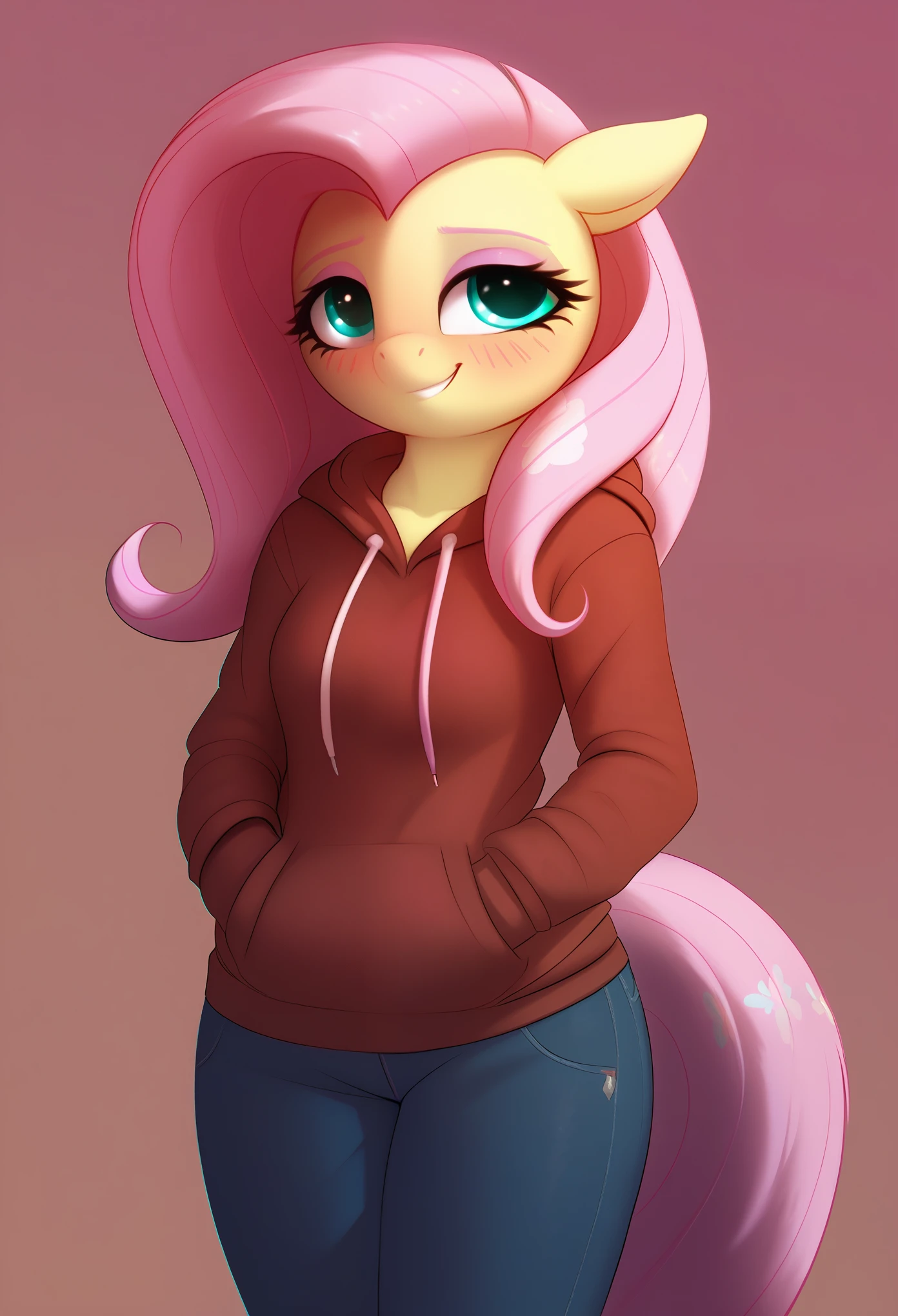 score_9, score_8_up, score_7_up BREAK fluttershy, pegasus, anthro, g4, blushing, border, fluttershy, clothes, denim, female, gradient background, hand in pocket, hoodie, jeans, lidded eyes, mare, pants, smiling, solo, nording