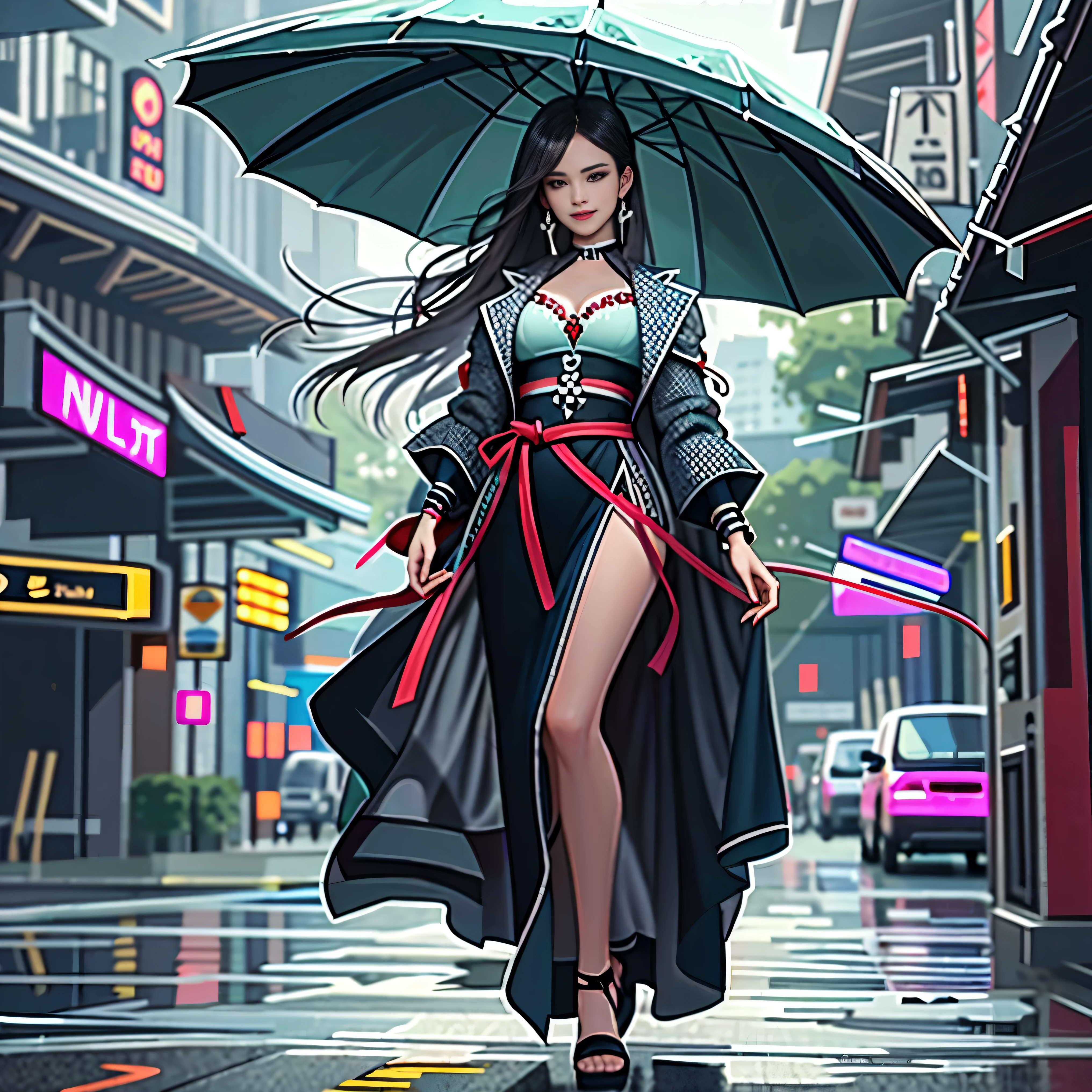 (highest quality、4k、8k、High resolution、masterpiece:1.2)、(Correct anatomy of the fingers)、Super detailed、(Real、Photorealistic、Photorealistic:1.37)、HDR、UHD、Professional Lighting、Bright colors、Sharp focus、SF、Fantasy、One very beautiful woman、Transcendent beauty、Ideal body proportions、natural breasts、(Big Breasts)、Legendary magician、like々Beautiful appearance、smile、Elegant and confident、Wear a stylish magician&#39;s dress that combines innovation and tradition、Dynamic Pose、A downtown area with tall, modern skyscrapers、(Heavy rain is pouring down from the dark clouds:1.5)、(motion blur effect)、Strong winds、lightning、Wet body、Wet Hair、Wet clothes stick to the body、Dynamic angle from below、Look straight into the camera lens、