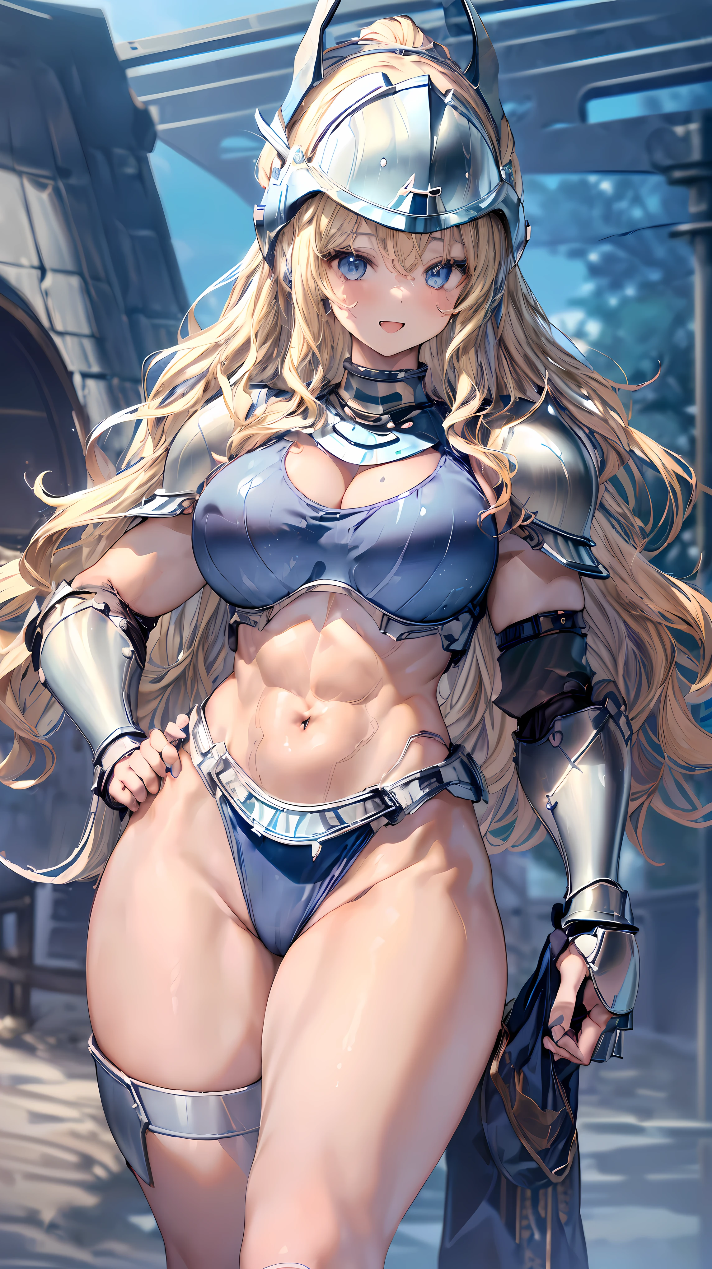 (Adult women:1.5)、Very detailed、highest quality、Best image quality、masterpiece、8k、Anime Face、A kind smile、(Open your mouth:1.3)、Sparkling blue eyes、(Blonde Wavy Hair:1.5)、、Muscles of the whole body、(High leg:1.5)、Thigh belt、(Wearing steel bikini armor:1.5)、(Cowboy Shot:1.5)、(Leg armor:1.5)、(Wearing a helmet:1.5)、SFW Giant