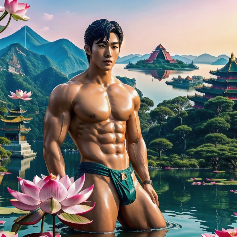 statue of handsome chinese male made of jade , full naked , muscular, handsome manly face ( look like kpop idol, chinese actor), detailed hands, close eyes, floating red ruby lotus , full body, lotus lake temple background, masterpieces, super detail, epic composition, ultra HD, high quality, extremely detailed, official art, unified 8k wallpaper, Super detail,