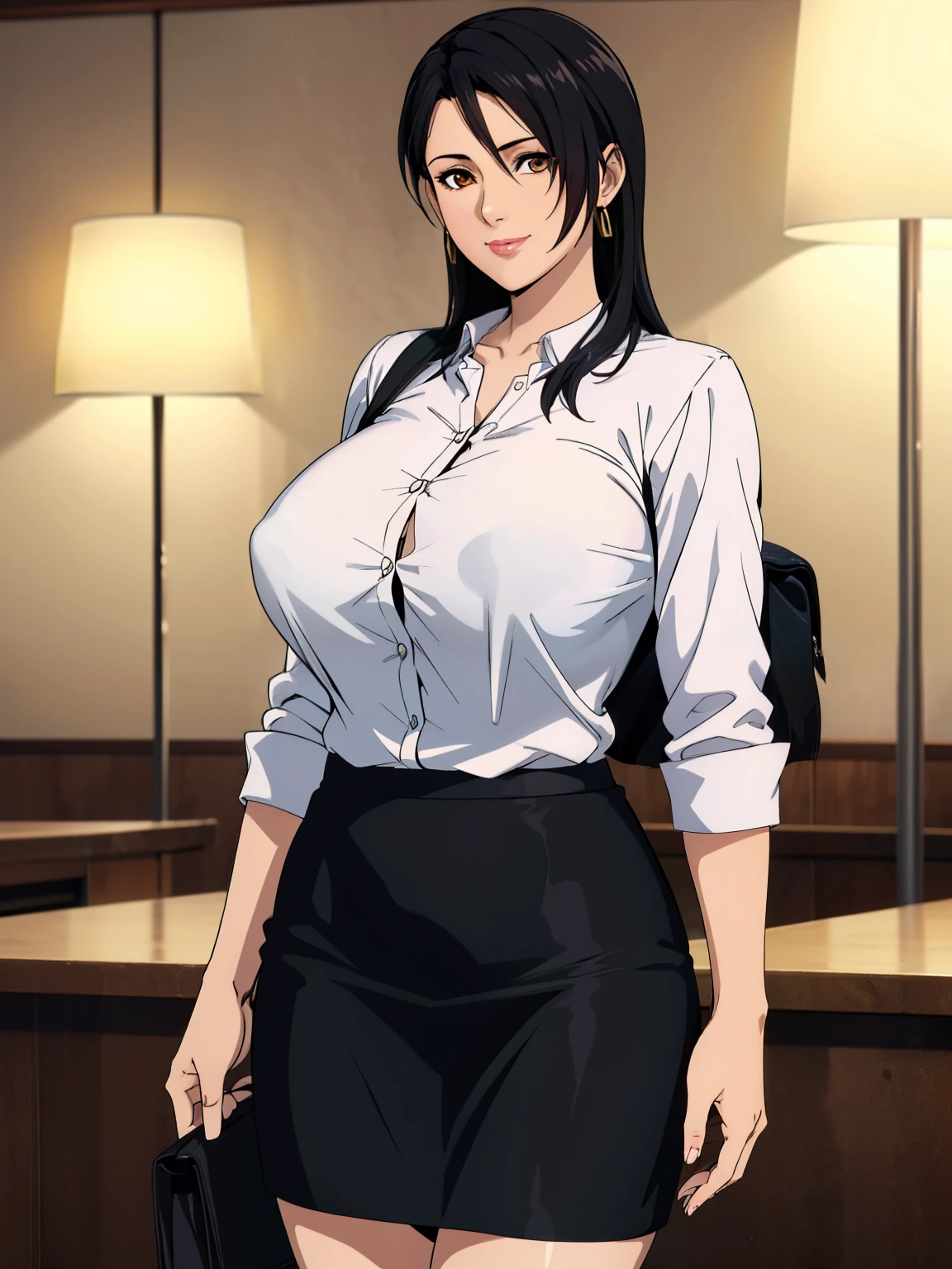 white shirt, black skirt, women side bag, office room background, momiji, anime cels style, best quality, high resolution, 1girl, (huge breasts:1.2), mature woman, 27 yo, beautiful face, black hair, long hair, brown eyes, cowboy shot, light smile, lipstick