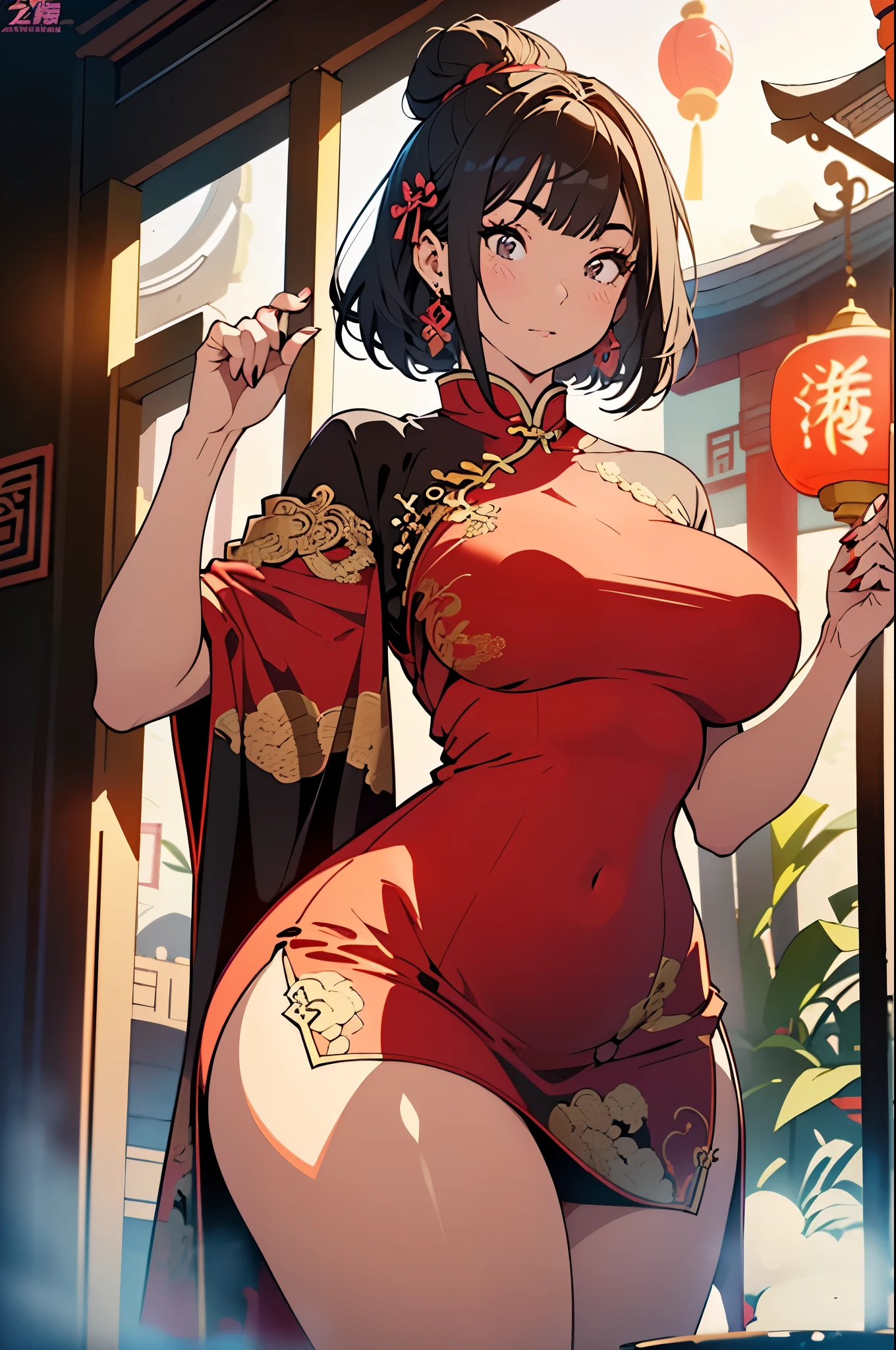 4k, high quality, soft light, cel shading, thick lines, short black bob hair, dark eyes, sexy, big breasts, thick thighs, wide hips, chinese dress, leg slit, muscular, toned, long flowing chinese dress, ornate, jewelry, hair bun, hair accessory, sexy anime lady, thicc, thick lady, thick hips