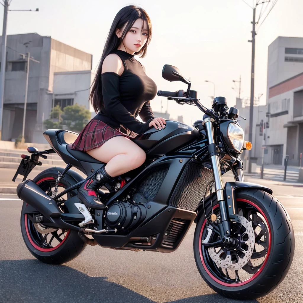 woman in a skirt and boots sitting on a motorcycle, artwork in the style of Gweitz, Sitting on a cyberpunk bike, motorcycle, Gweitz, 8k、RAW Photos、highest quality、Real、Photorealistic、Professional Lighting、mix4、20d、Beautiful age Woman、1 female、Big beautiful eyes、Larger breasts、Black tube top、Red checked miniskirt、Long black hair