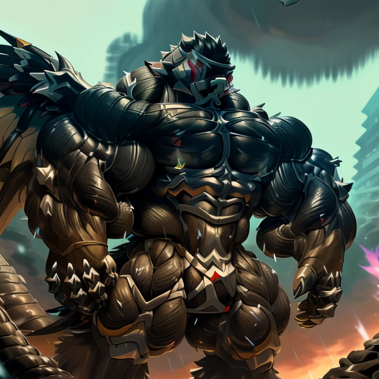 (gigantic muscles), 8K, Masterpiece, highres, future fiction. Detailed head, Detailed Body, full body, Detailed abs, wearing crNanosuit, big muscle (pecs, triceps, traps) unusually developed muscular body, body full of huge muscles. showing off muscles, pectorales enormes. Exaggeratedly huge muscles. Gigachad Muscular, gigantic muscles, Colossal giant NANOSUIT over a battlefield,
The claws are sharp,
Sharp teeth,
Spread wings, have big wings.
nj5furry, Animal paws, thunderstorm, rainy weather, lightning,