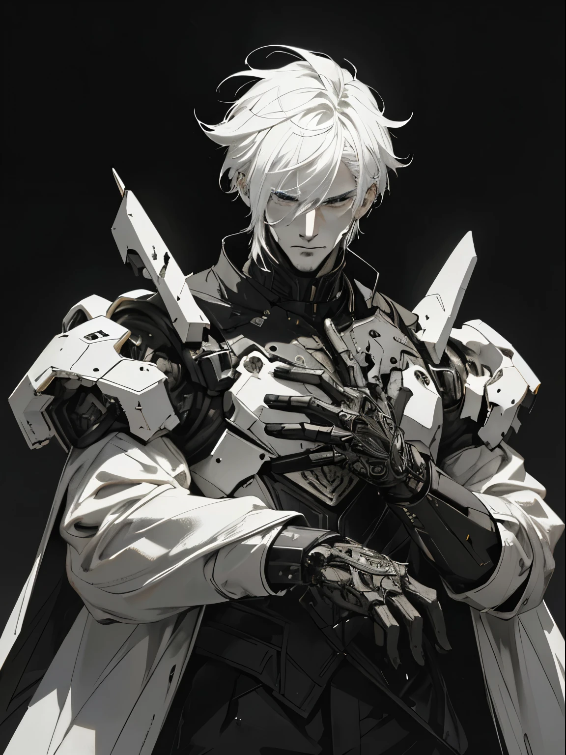 (a male),(male android),(male with white hair),intricate male features,violent and destructive,high-quality,ultra-detailed,dark and intense,masterpiece:1.2,sci-fi,white and black color palette,strong shadows,harsh lighting