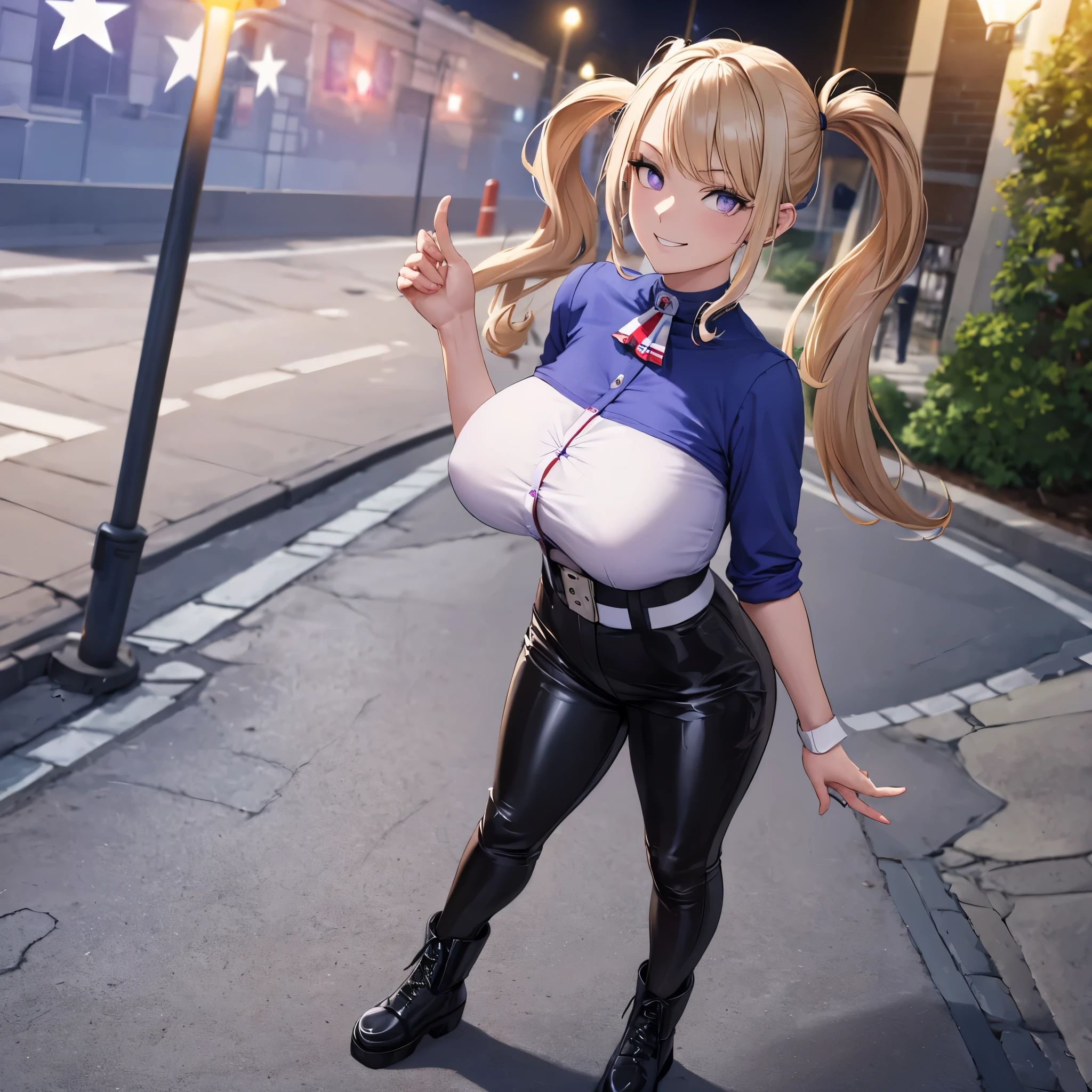 A woman with long beige hair, pigtails, lilac eyes, wearing a white shirt with a star design on the shirt, wearing tight leather pants customized with the flag of the United States, wearing military boots, smiling, big breasts, full body, walking on a park walkway at the end of sunset, a place lit with sophisticated lamps,Surrealism, drop shadow, atmospheric perspective, bloom, 8k, super detail, ccurate, best quality, UHD, anatomically correct, textured skin, high quality, highres, best quality ( solo woman)
