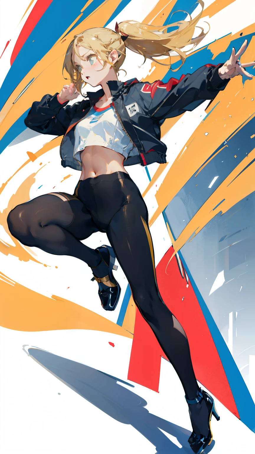 Pantyhose, Pop colors,(whole body,Blonde)long Blonde hair,Single ponytail,High Ponytail, Bust and waist,White top,High heel,whole body,racing服,Leaky belly,racing