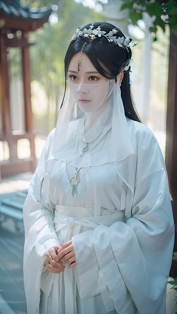 （（Long ears）），full body ，The eyes are very delicate.， Human，gorgeous black hanfu，（（（hair accessories）））（（（mystery face veil））），necklace，（（（ A secret temple ））， （（complicated details））， （（Surrealism））（8k）, night