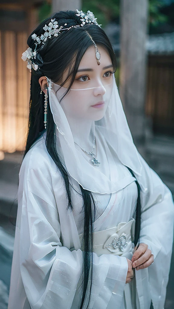 ((Long ears)),full body ,The eyes are very delicate., Human,gorgeous black hanfu,(((hair accessories)))(((mystery face veil))),necklace,((( A secret temple )), ((complicated details)), ((Surrealism))(8k), night