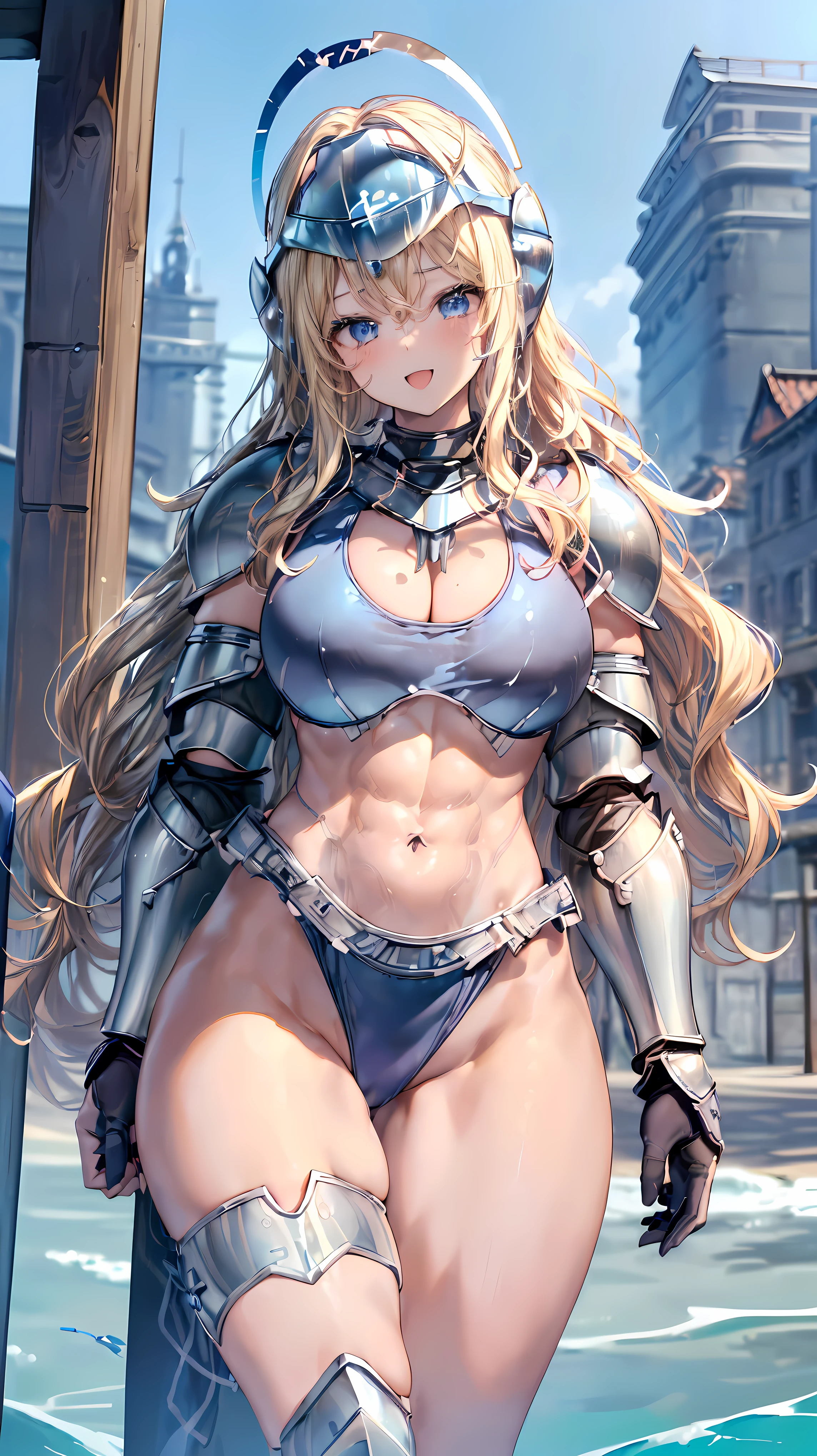 (Adult women:1.5)、Very detailed、highest quality、Best image quality、masterpiece、8k、Anime Face、A kind smile、(Open your mouth:1.3)、Sparkling blue eyes、(Blonde Wavy Hair:1.5)、、Muscles of the whole body、(High leg:1.5)、Thigh belt、(Wearing steel bikini armor:1.5)、(Cowboy Shot:1.5)、(Leg armor:1.5)、(Wearing a helmet:1.5)、SFW Giant