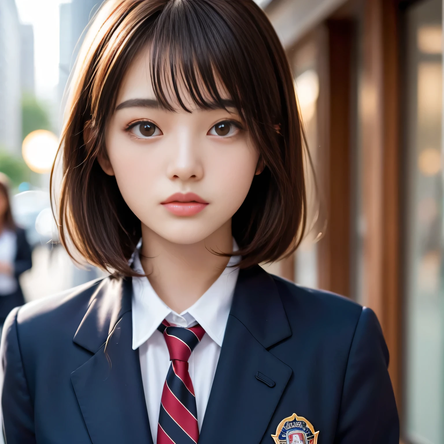 18 year old high school girl、Blazer uniform、Ultra-high resolution、Powerful Images、8K Slender Woman、Super big 、Brown hair short bob