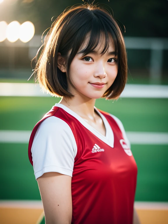 ((Whole body 1.4)),Front shot,masterpiece, highest quality, RAW Photos, 8k, Highly detailed face, One girl, close, Beautifully detailed skin, Backlight, Soft Light, Shy, (Shoot from the front:1.2), Smile, open your mouth to say something, Illuminate, Anatomically correct, short hair, Windblown Hair, Eyes and facial details, Textured skin, Professional photography, Bokeh, Portraiture, Professional Lighting, alone, cute, Girlish, Film Grain, Red volleyball player uniform,Volleyball court,indoor