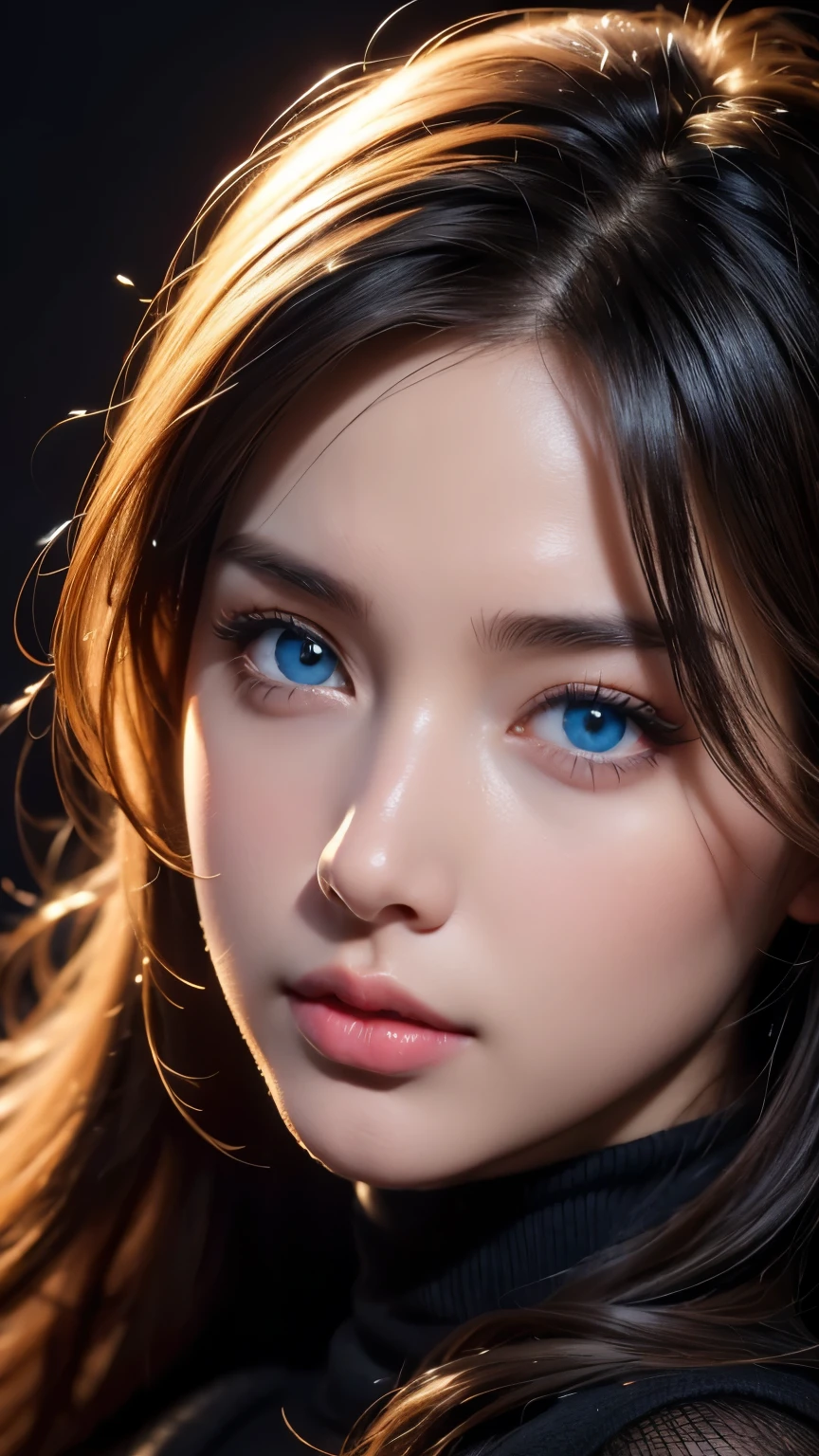 masterpiece, best quality, ultra-detailed, intricately detailed hyperdetailed, realistic, sharp features, highly detailed, sharp focus, perfect face, perfect face, perfect symmetrically perfect eyes, perfect full lips, flexible female form, cinematic, film light, hyper detailed, hyper realistic, high resolution, vibrant, dynamic studio lighting, ((Dark background)), Sexy face, Facial expressions when receiving pleasure, straight Bangs, Big breasts, Exposed cleavage, blue Eyes,black sweater, cowboy shot,